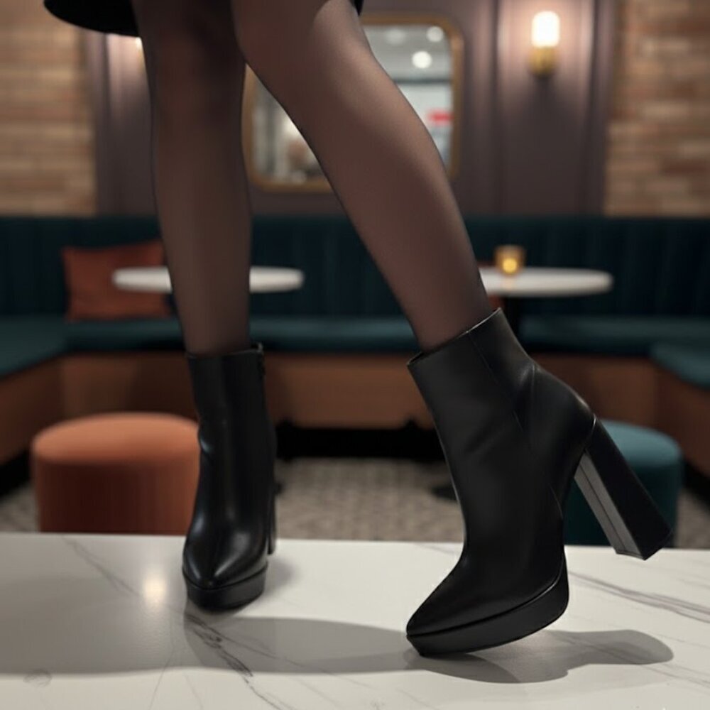 NWT PAZZLE Black Platform Ankle Booties | 5" Block Heel | Pointed Toe - Picture 2 of 6